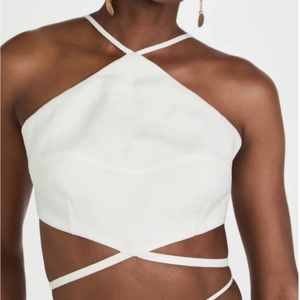 Cult Gaia Drew Linen Strappy Halter Criss Cross Blouse Crop Tie Top Off White